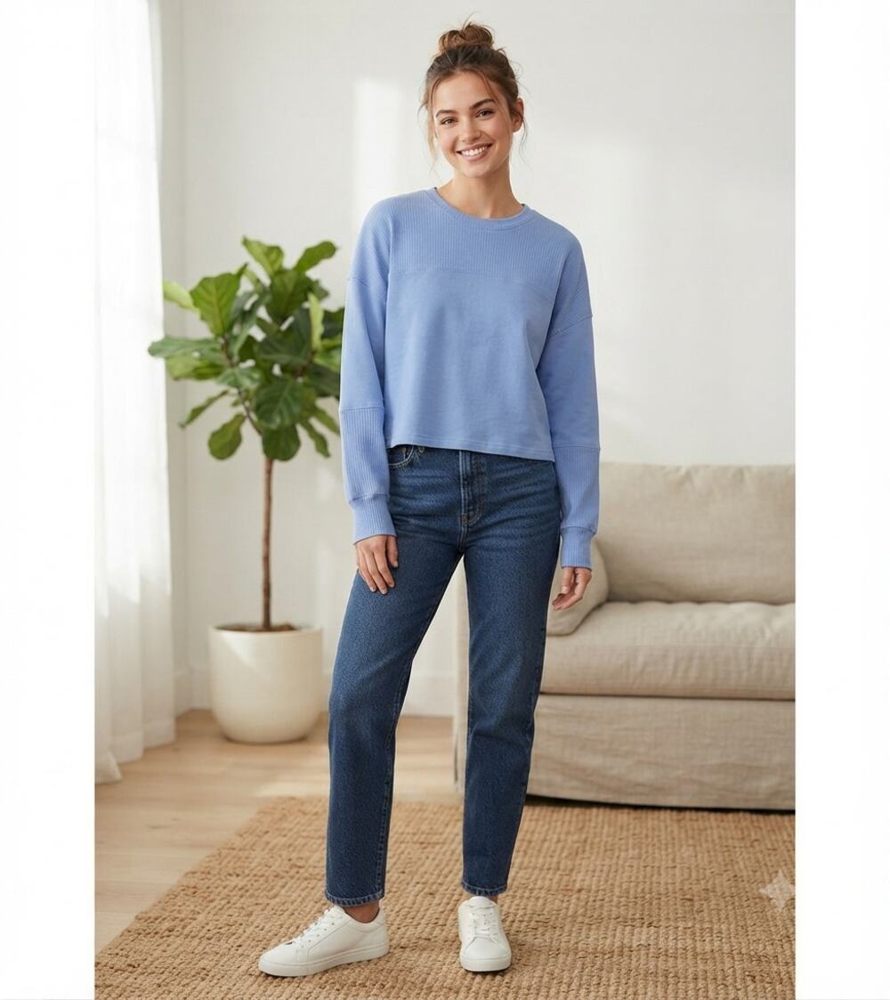 OFF-LINE by Aerie Rib Panel Crewneck Sweatshirt Light Blue XS NWT Sporty Chic